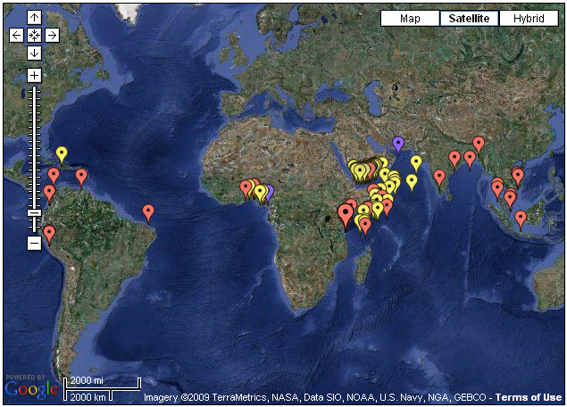 IMB Live Piracy Map 2009: red = actual attack, yellow = attempted attack
